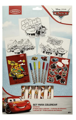 SET PARA COLOREAR ARTEL CARS 9HOJAS PARA PINTAR 1LAMINA DE STICKERS 1CUADERNILLO CROQUIS 5MARCADORES