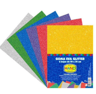 SET GOMA EVA GLITTER HAND 20X30CM 6 COLORES.
