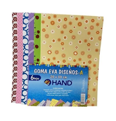 SET GOMA EVA  DISEÑOS A  HAND 20X30CM 6 COLORES