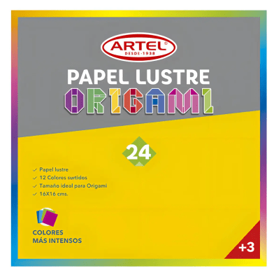 PAPEL LUSTRE ARTEL ORIGAMI 16X16 24 HOJAS 12 COLORES SURTIDOS