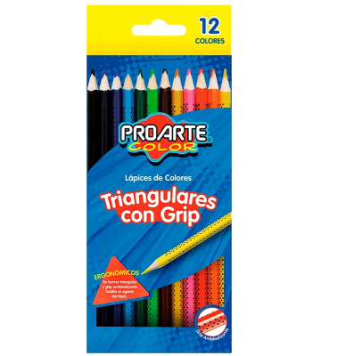 LAPICES DE COLOR PROARTE TRIANGULAR CON GRIP 12 COLORES