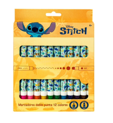 MARCADORES DOBLE PUNTA 12 COLORES STITCH DISNEY