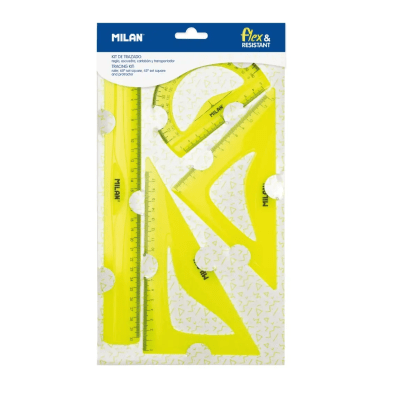 SET DE REGLAS MILAN FLEX RESISTANT AMARILLO REGLA +ESCRUADRA + CARTABÓN Y TRANSPORTADOR