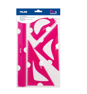 SET DE REGLAS MILAN FLEX RESISTANT ROSADO X4 REGLA+ TRANSPORTADOR+ESCUADRA+CARTABÓN