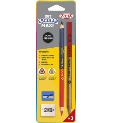 SET ESCOLAR MAXI ARTEL GOMA +SACA PUNTA +LAPIZ GRAFITO MAXI + LAPIZ BICOLOR MAXI