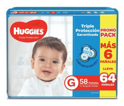PAÑALES TALLA G 58 UNIDADES + 6 UNIDADES HUGGIES TRIPLE PROTECCION