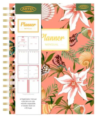 AGENDA PLANNER MENSUAL ARTEL FLORES CORAL 16X21CM 112HOJAS