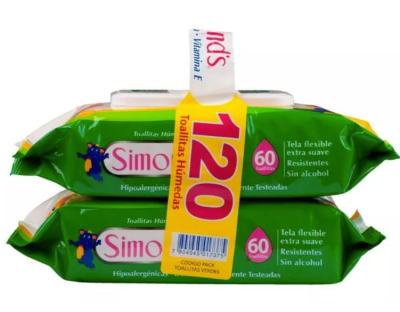 PACK TOALLA HUMEDAS SIMONDS CON ALOE VERA MANZANILLA Y VITAMINA E VERDES 2X60 UNIDADES