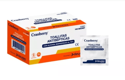TOALLITAS ANTISEPTICAS CON ALCOHOL ISOPROPOLICO AL 70% CRANBERRY 100 SACHET1