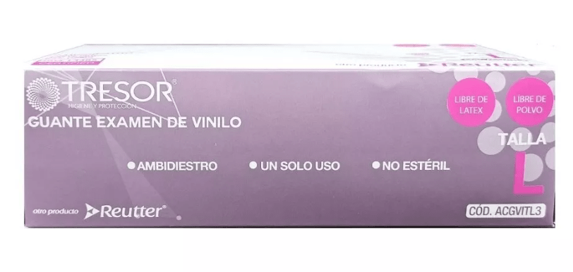 CAJA GUANTE EXAMEN DE VINILO TRANSPARENTE TALLA L 100 UNIDADES TRESOR2