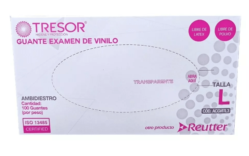 CAJA GUANTE EXAMEN DE VINILO TRANSPARENTE TALLA L 100 UNIDADES TRESOR 0