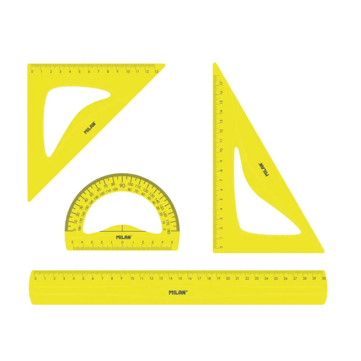 SET DE REGLAS MILAN FLEX RESISTANT AMARILLO REGLA +ESCRUADRA + CARTABÓN Y TRANSPORTADOR2