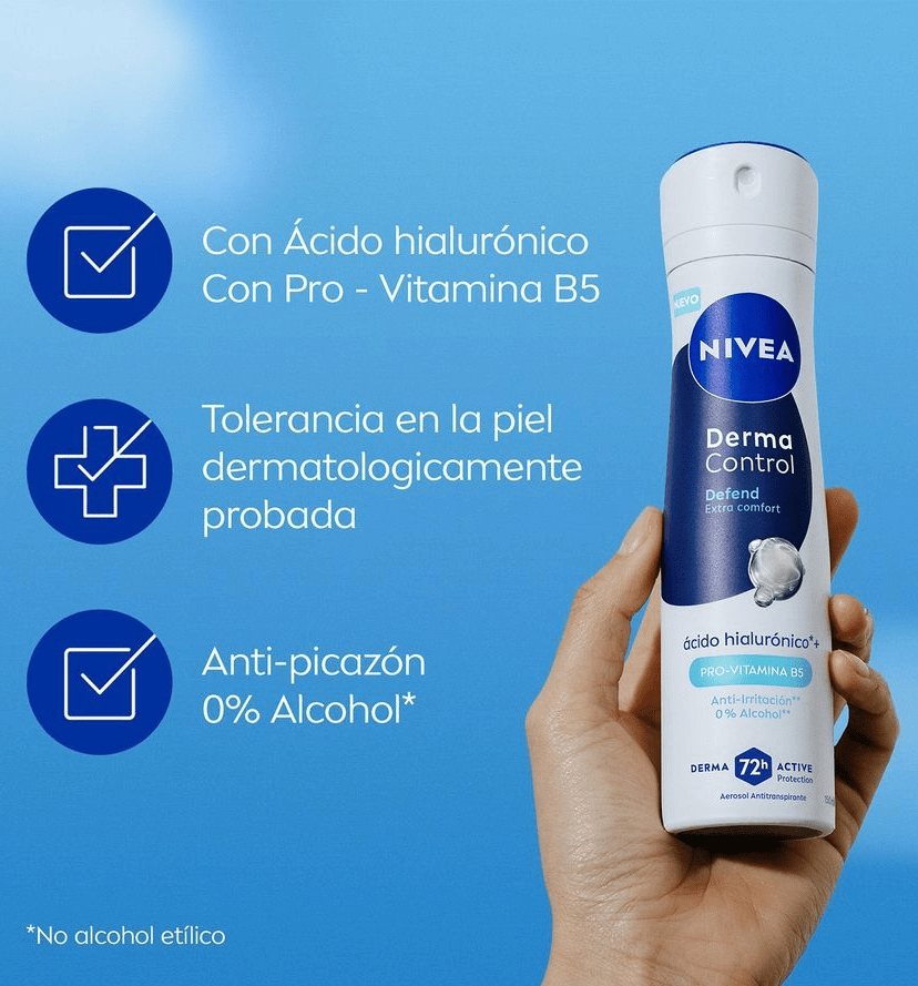 DEO SP NIVEA DERMA CONTROL DEFEND EXTRA CONFORT ÁCIDO HIALURÓNICO+PRO VITAMINA B5 72H 0%ALCOHOL 150M2