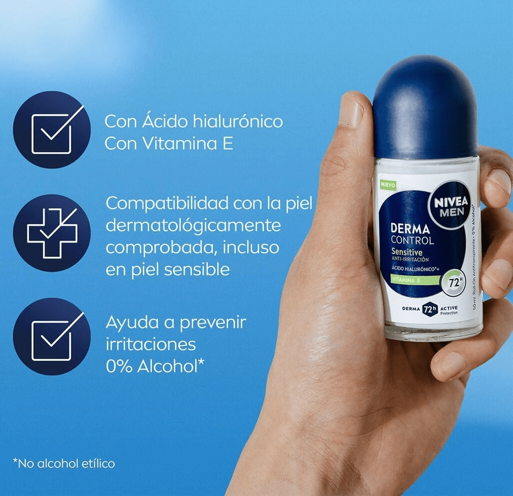 DEO ROLL-ON NIVEA MEN DERMA CONTROL SENSITIVE  ÁCIDO HIALURÓNICO+ VITAMINA E 72H 0% ALCOHOL 50ML2