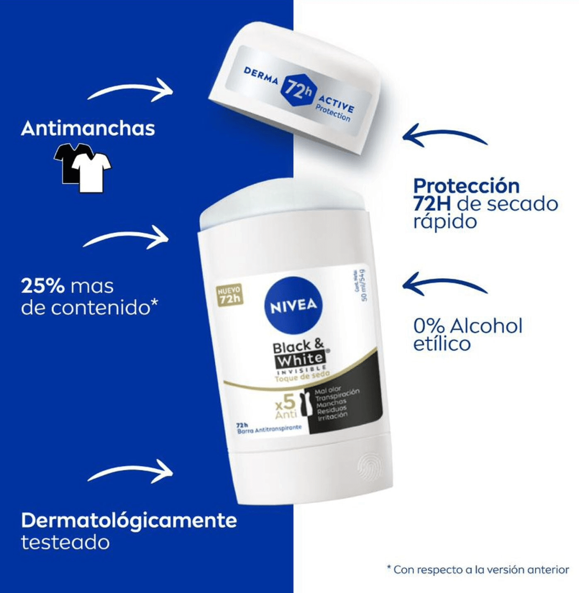 DEO BARRA NIVEA DAMA BLACK & WHITE INVISIBLE TOQUE DE SEDA X5 72H 54GR2