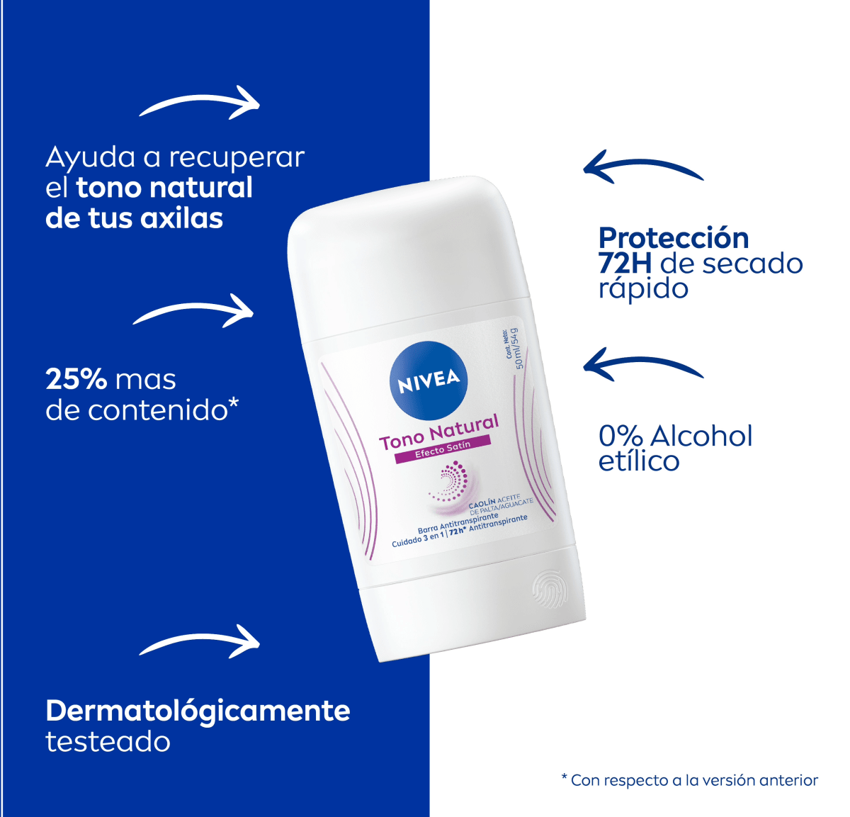 DEO BARRA NIVEA TONO NATURAL EFECTO SATÍN CAOLÍN ACEITE DE PALTA 72H 0% ALCOHOL 54GR2