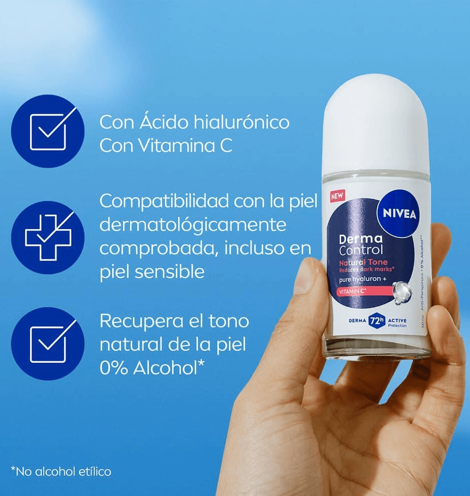 DEO ROLL-ON NIVEA DERMA CONTROL TONO NATURAL ÁCIDO HIALURÓNICO 72H 0% ALCOHOL 50ML2