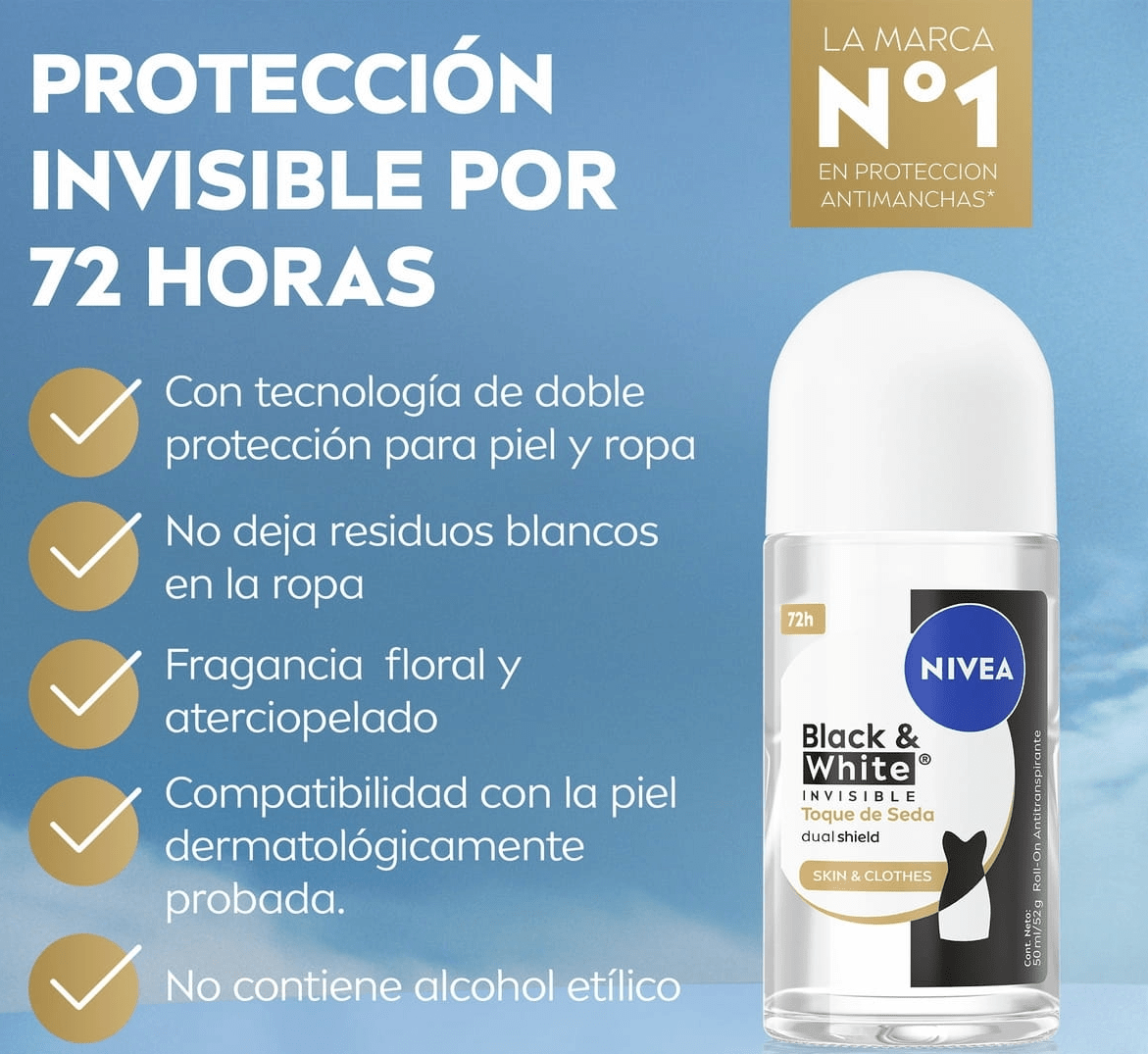 DEO ROLL-ON NIVEA BLACK WHITE INVISIBLE TOQUE DE SEDA DUAL SHIELD SKIN CLOTHES 72H 0% ALCOHOL 50ML2