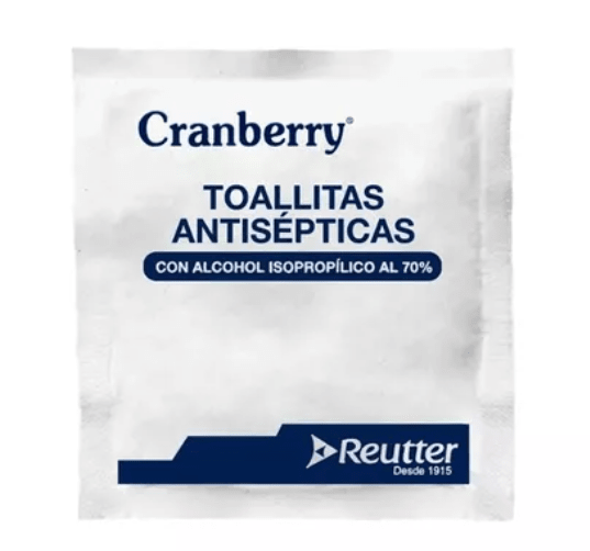 TOALLITAS ANTISEPTICAS CON ALCOHOL ISOPROPOLICO AL 70% CRANBERRY 100 SACHET2