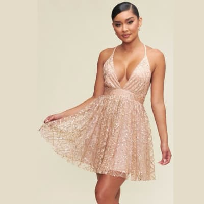 VESTIDO ORO ROSA CON BRILLOS