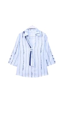 BLUSA ISIDORA FONDO BLANCO RAYAS AZUL CELESTE Y AMARILLO1