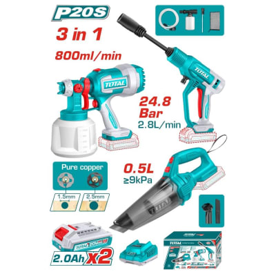 Kit 20V Pulverizadora Inalámbrico, Hidrolavadora y Aspiradora Manual, 2 Baterías y Cargador TOSLI230522