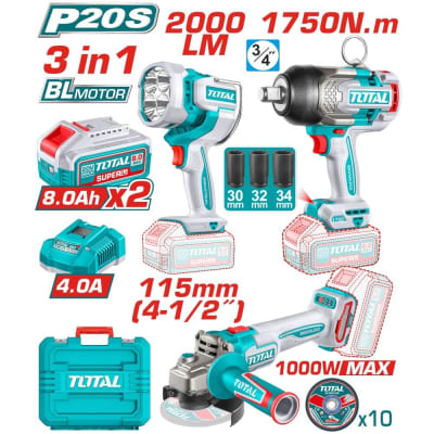 Kit Llave de Impacto 1750Nm + Esmeril 1000wMax + Linterna + Accesorios TOSLI250593