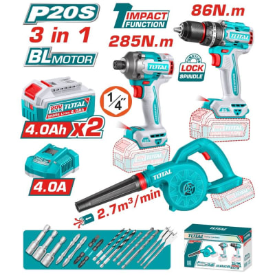 Kit Taladro 86Nm + Atornillador 285nm + Soplador 20V + Acc TOSLI250883