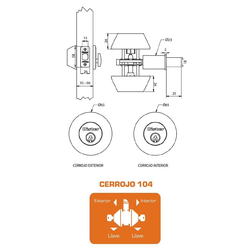 Cerrojo Tubular Oister 104 Llave-Llave CEP00013663