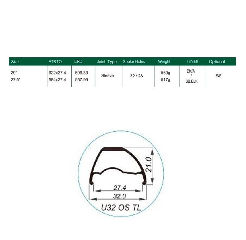 Llanta Weinmann U32 TL 29 Asimétrica Ojetillos 32H Presta Negro3