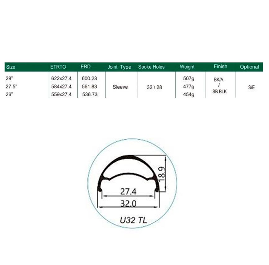 Llanta Weinmann 27.5 U32 TL Negra 32h F/V3