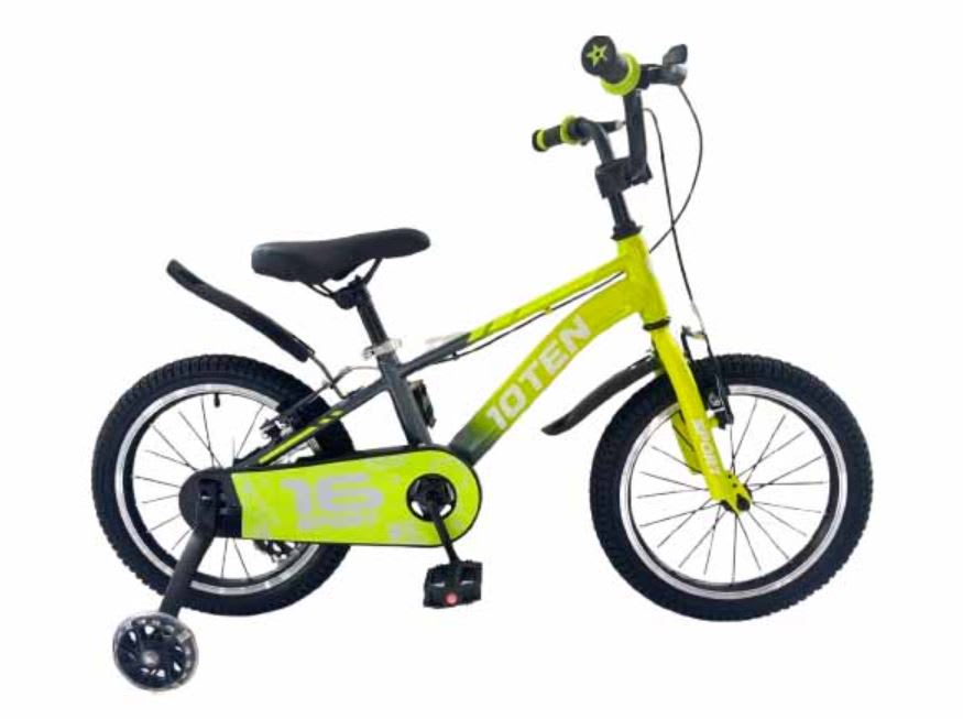 Bicicleta 10TEN, Aro 16, Marco Acero HI-TEN, Lime/Grey. Ruedas laterales con luces de colores.1