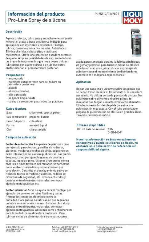 Lubricante Silicona Liqui Moly Pro-line Silikonspray 400ml2