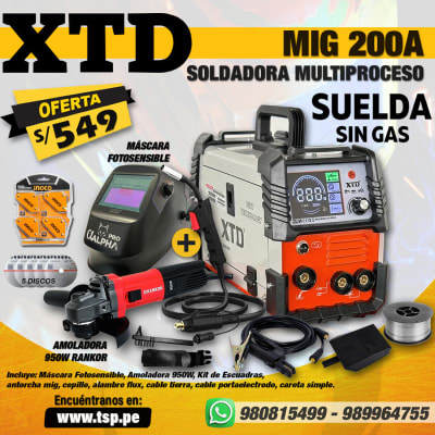 SOLDADORA INVERTER MIG 200A XTD + MÁSCARA + AMOLADORA + ESCUARAS