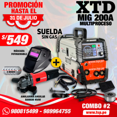 SOLDADORA INVERTER MIG 200A XTD + MASCARA + AMOLADORA