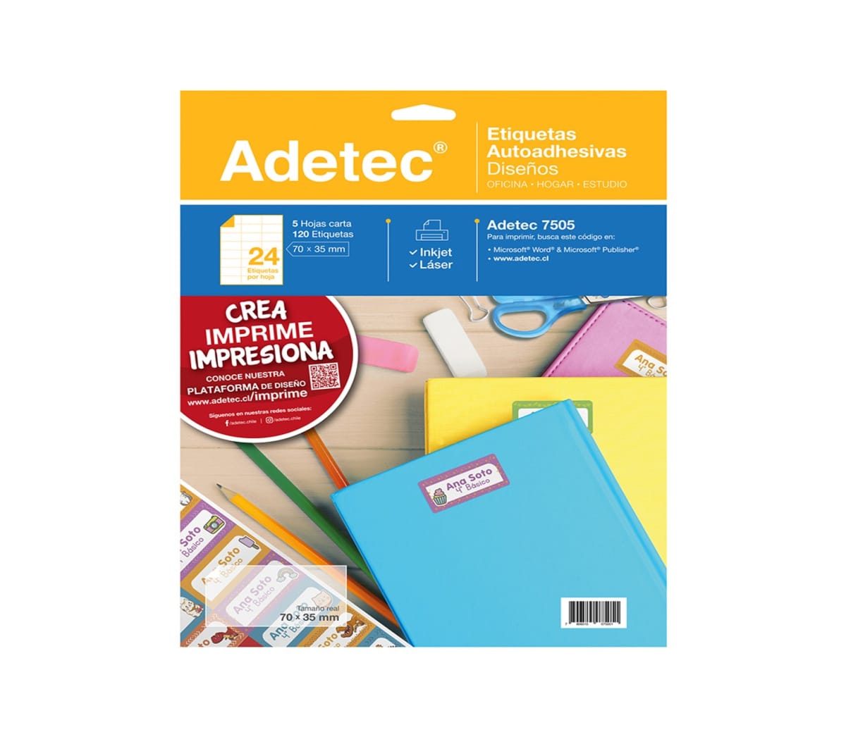 ETIQUETA ADETEC INKJET/LASER DISEÑO ESCOLAR 70X35 MM. 5HJS.1