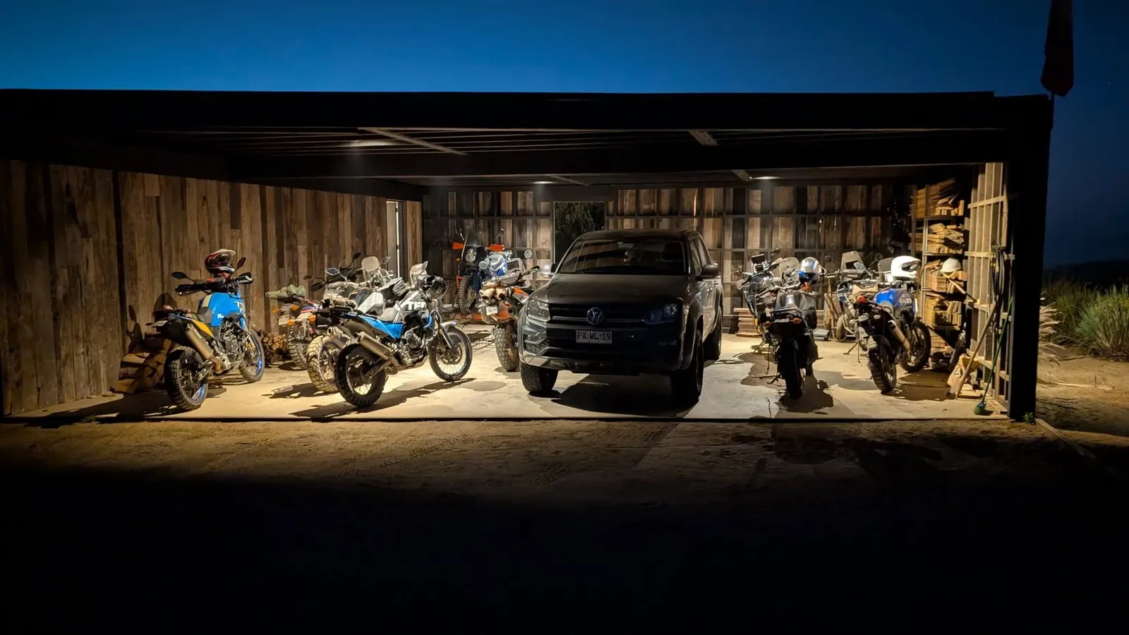 BigTrail motorcycle garage at dusk