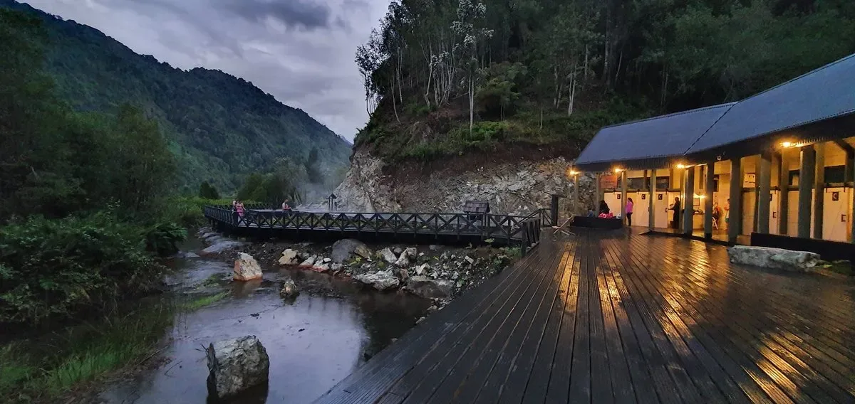 Boardwalk and natural hot springs at dusk in Southern Chile