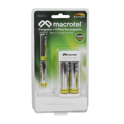 Cargador Pilas AA/AAA + 2 Pilas Recargables AA 2300 mA y 2 Pilas AAA 1000 mA Macrotel