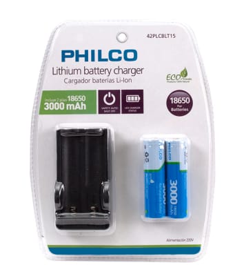 Cargador con 2 Baterías de Litio Recargables 18650 de 3000 mAh Philco