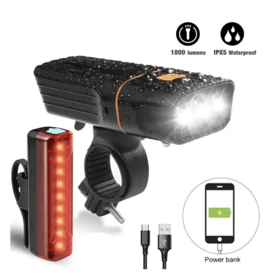 Luz de Bicicleta Impermeable + LED Recargable Trasera 1000 Lúmenes 