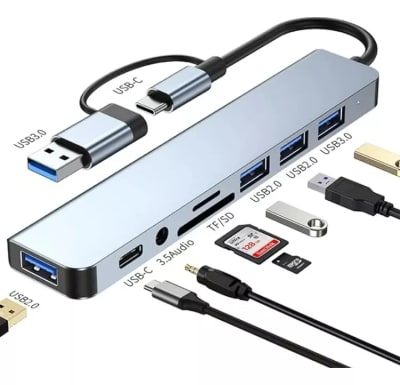 Hub 8 en 2 USB-A/USB-C a USB, TF/SD, AUX, USB-C