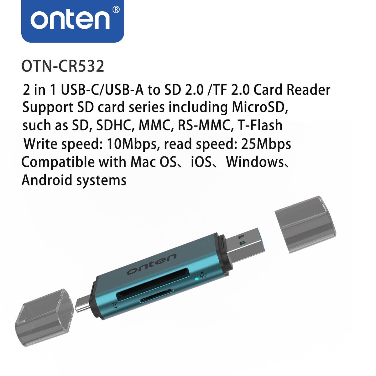 Lector de Tarjetas 2 en 1 USB-A/USB-C a SD 2.0/TF 2.0 Onten2