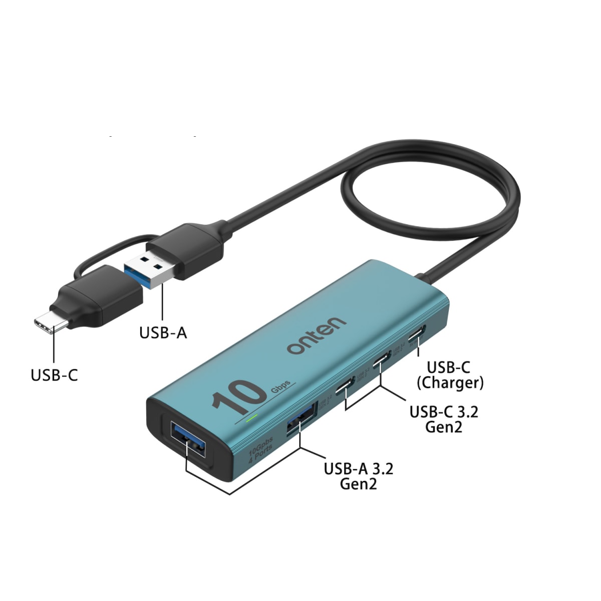 Hub 5 en 2 de 4 Puertos USB 3.2 Gen 2 10G con Cargador Onten4