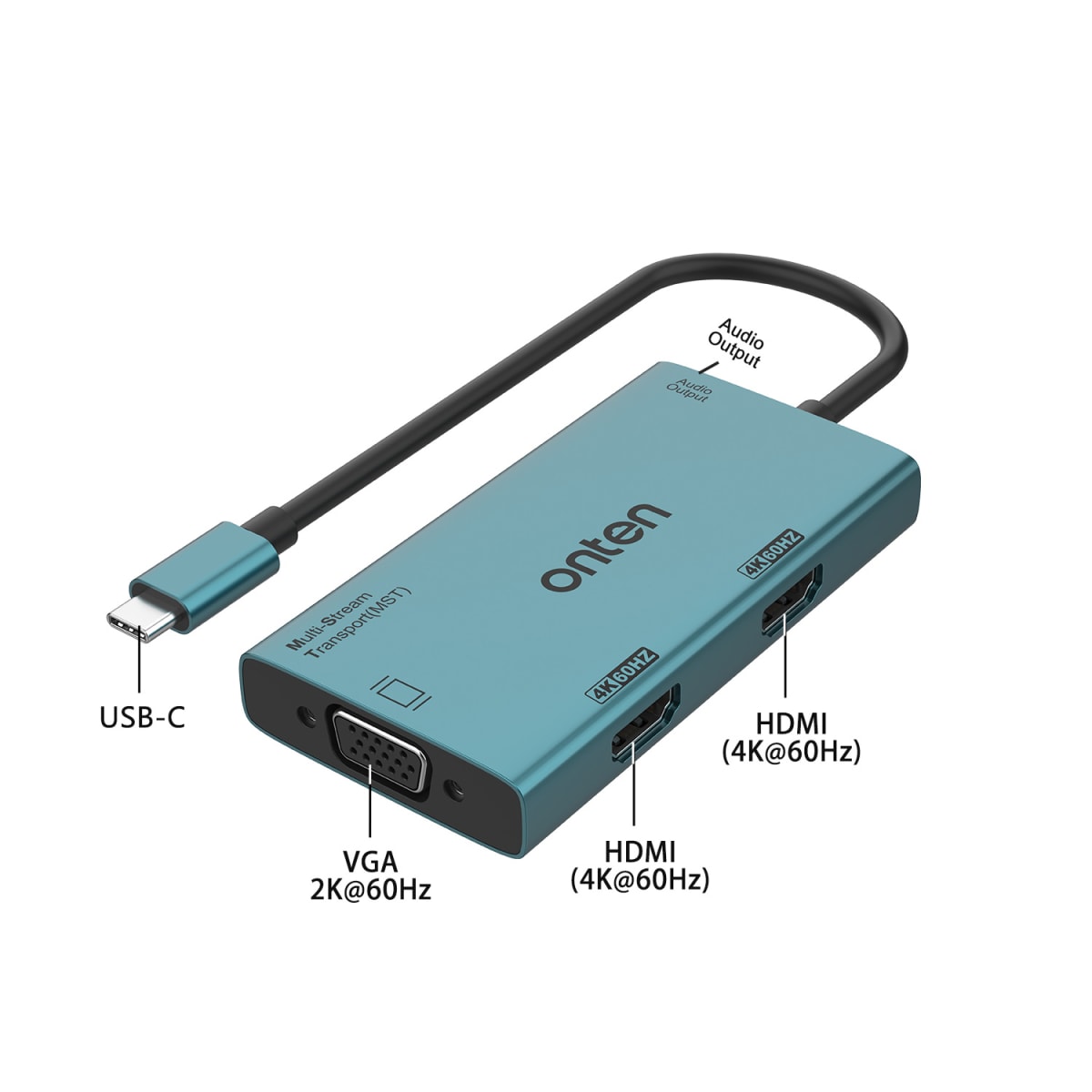 Adaptador de Video USB-C a VGA/HDMIx2/Jack 3,5mm Onten4