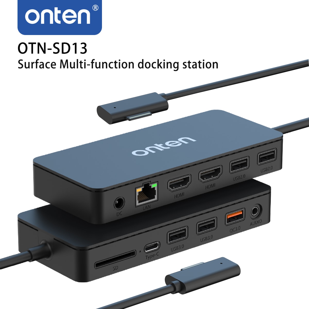 Hub 12 en 1 Surface - 2xHDMI/RJ45/2xUSB 3.0/2xUSB 2.0/QC 3.0/Jack 3.5mm/USB-C/DC 5.5/SD 3.0 Onten2