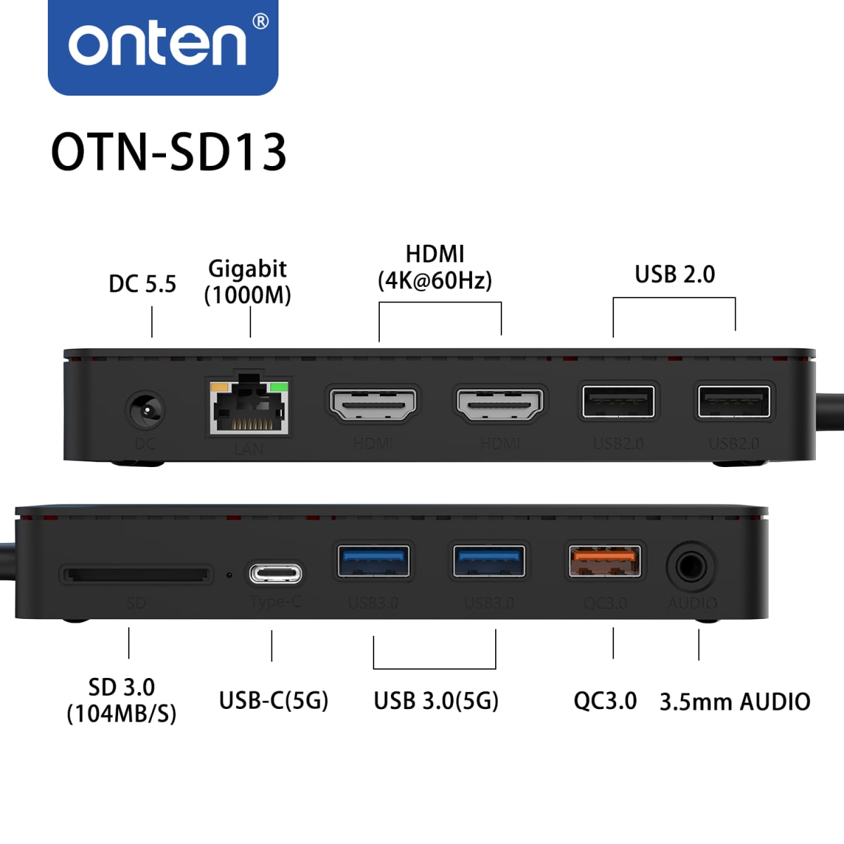 Hub 12 en 1 Surface - 2xHDMI/RJ45/2xUSB 3.0/2xUSB 2.0/QC 3.0/Jack 3.5mm/USB-C/DC 5.5/SD 3.0 Onten4