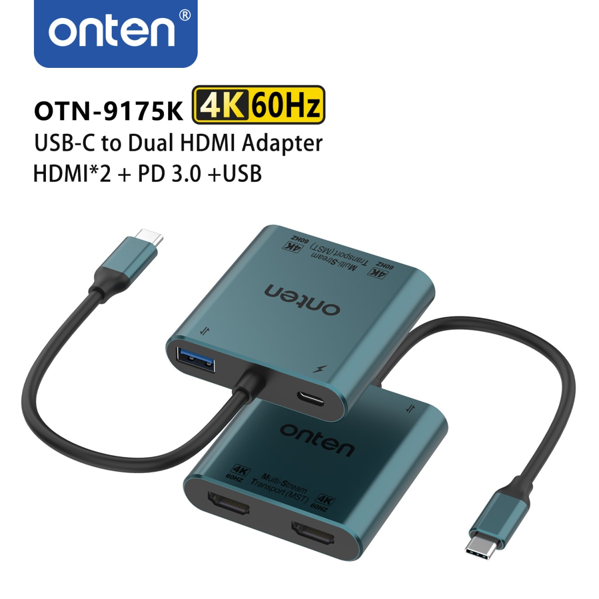 Adaptador 4 en 1 USB-C a HDMI Dual con PD Onten3