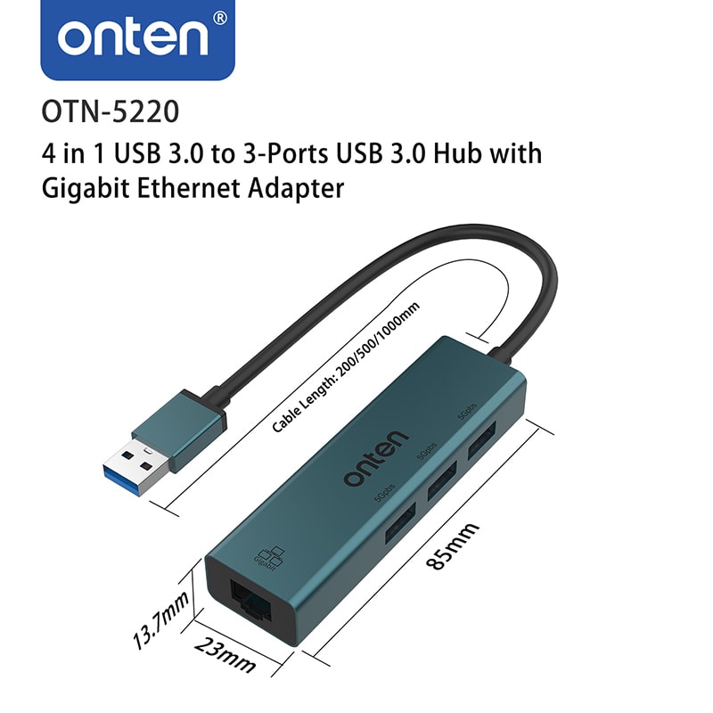 Hub 4 en 1 USB-A a USB 3.0x3 / RJ45 Onten3