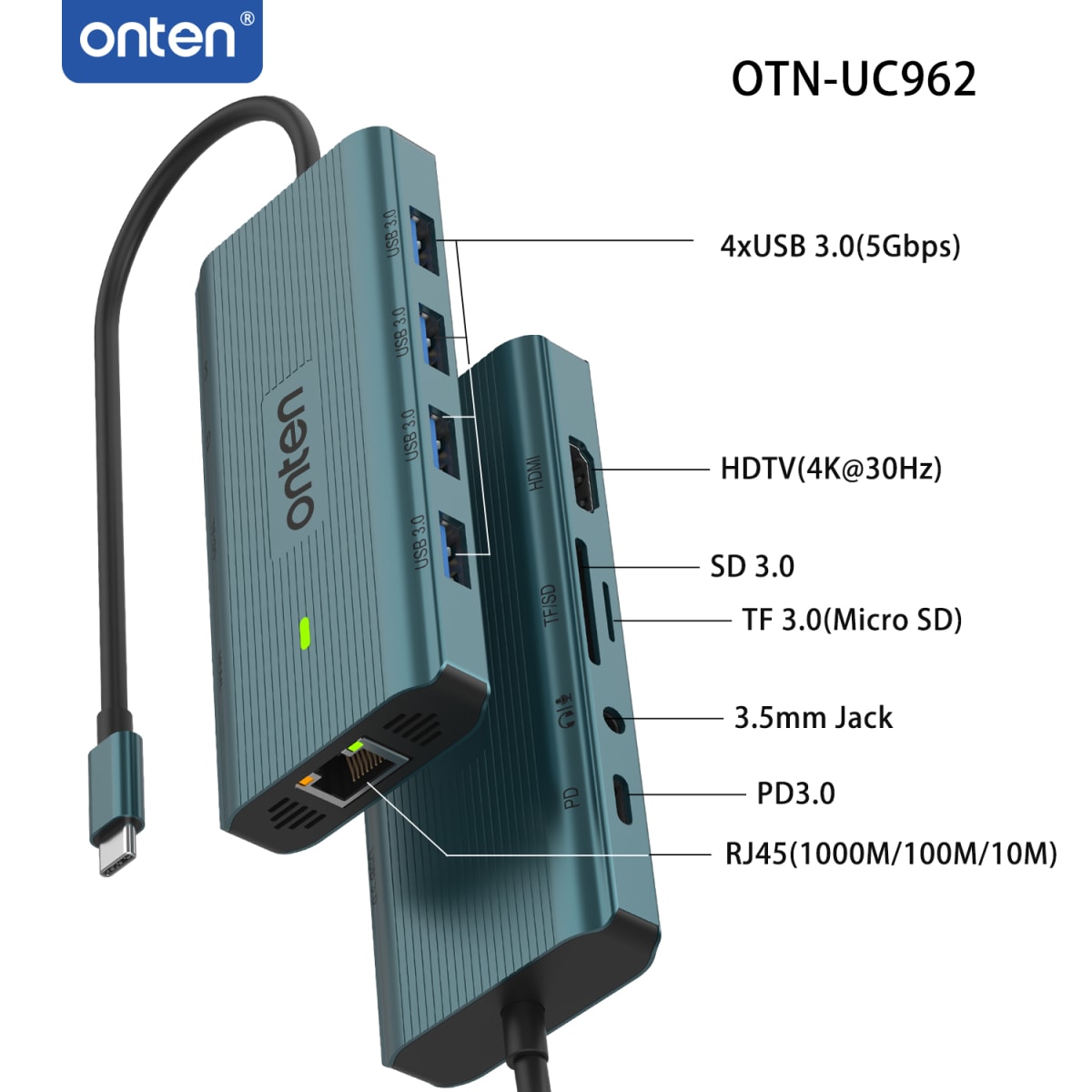 Hub 10 en 1 Multifunción - USB-C/HDMI/RJ45/TF 3.0/SD 3.0/4xUSB 3.0/Jack 3,5mm/USB-C 3.0 Onten3